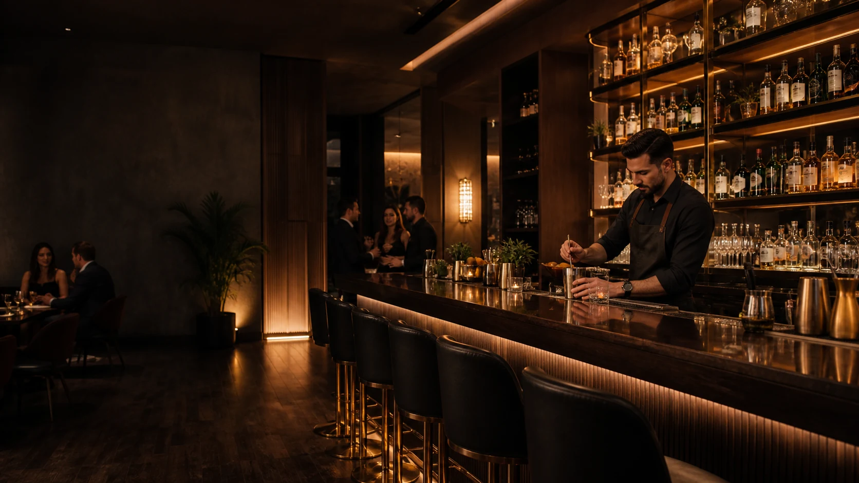 Bar noturno sofisticado com iluminação quente e atendimento profissional