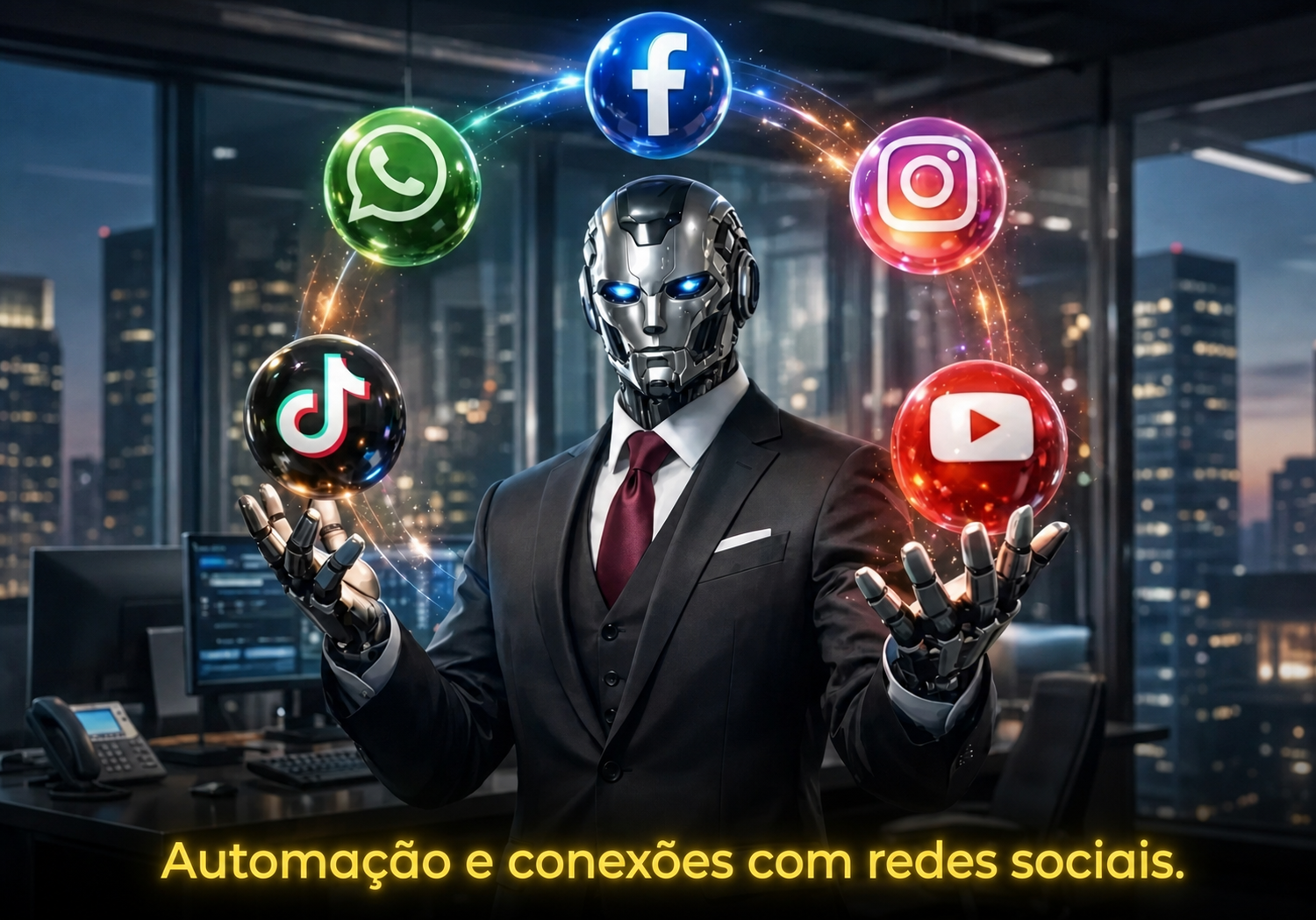 Robô profissional conectado ao WhatsApp, Facebook, Instagram, TikTok e YouTube, representando automação de redes sociais