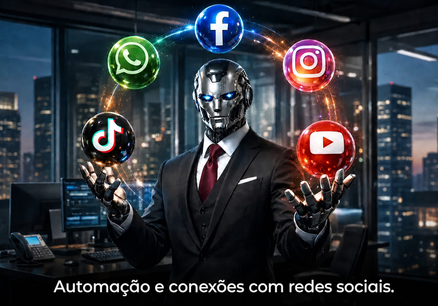 Robô profissional conectado ao WhatsApp, Facebook, Instagram, TikTok e YouTube, representando automação de redes sociais